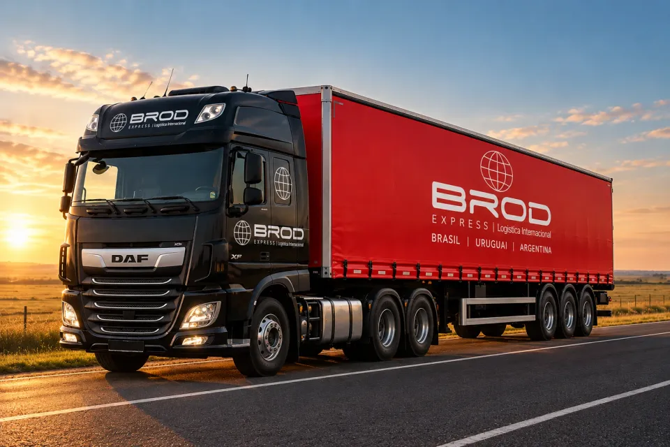 Carreta da Brod Express em rodovia no fim de tarde, com o baú vermelho identificando a rota Brasil, Uruguai e Argentina
